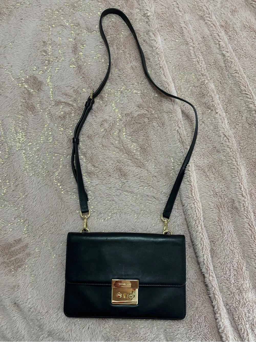 Michael Kors Black Leather Push Lock Flap Crossbody Bag Gold Hardware